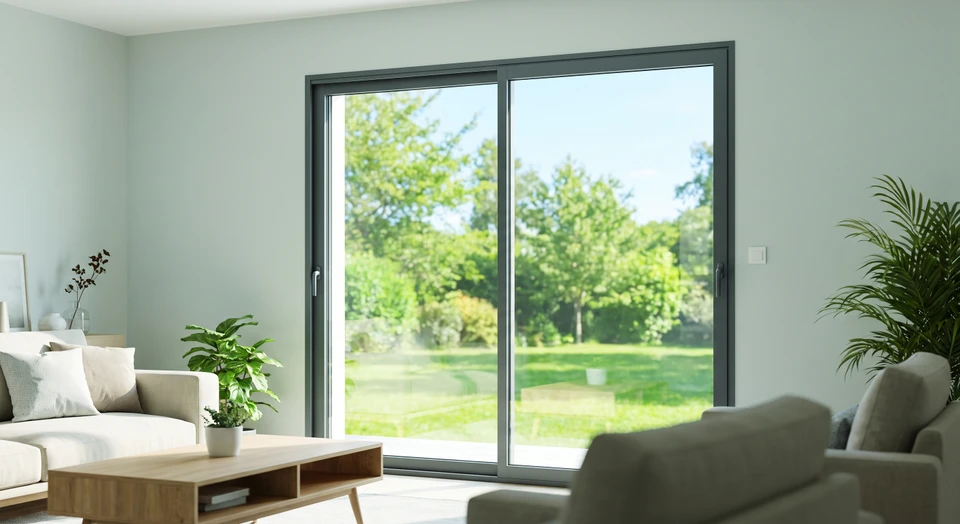 Intérieur confortable d'une maison moderne, vue depuis le salon avec une grande fenêtre en aluminium ou PVC à double vitrage fermée, cadre lisse et épuré. À travers la vitre transparente, on aperçoit un extérieur lumineux et verdoyant. L'intérieur baigne dans une douce lumière naturelle, mobilier simple et épuré, ambiance calme et sereine.