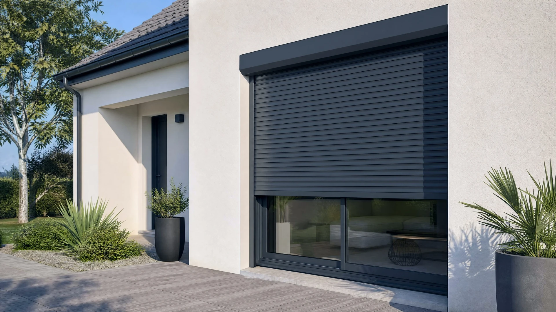 Façade de maison moderne avec volets roulants électriques gris anthracite en position fermée